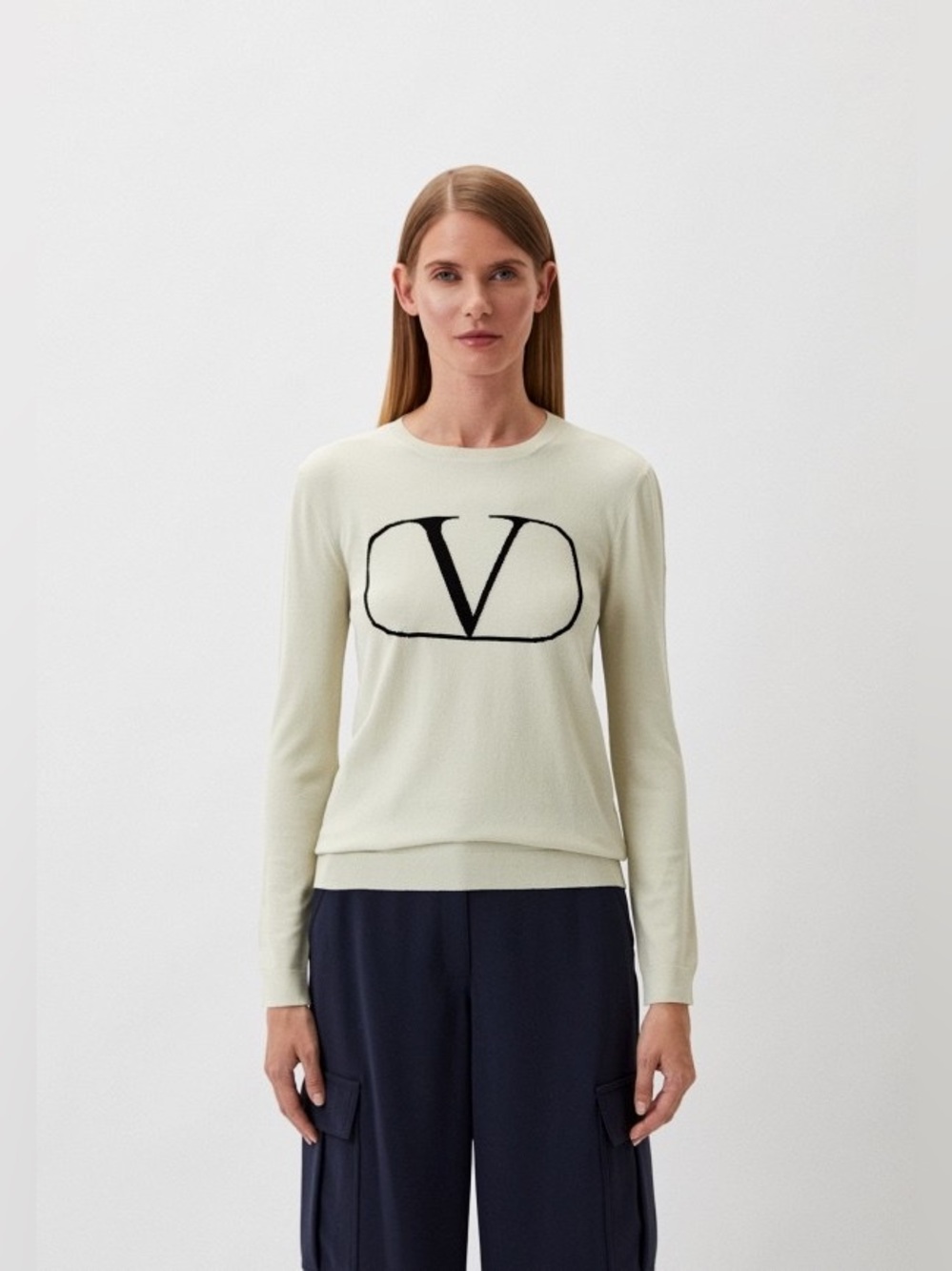 NWT $1115 Valentino Garavani V Logo Wool Black Crewneck Sweater Size 42